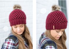 two pictures of a woman wearing a red knitted hat with pom - poms