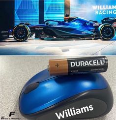 a mouse with a battery attached to it next to a photo of a race car