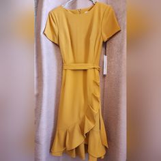 Size 4 Yellow Ruffle Hem Dress For Summer, Yellow Dress With Ruffle Hem, Yellow Ruffle Dress With Ruffle Hem For Summer, Yellow Ruffle Dress With Ruffle Hem For Spring, Yellow Knee-length Dress With Ruffle Hem, Yellow Knee-length Midi Dress For Work, Casual Yellow Dress With Ruffle Hem, Chic Yellow Dresses With Ruffle Hem, Yellow Ruffled Midi Dress For Spring