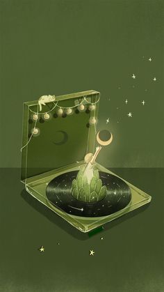 an illustration of a green box with a candle inside and stars in the sky above