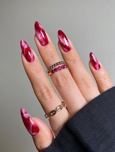 Are you looking for cute marble nails in white, pink, black, grey, blue or green? If so, these stunning nail designs are perfect for you! #red #nail #ideas Ruby Nails, Red Nail, Sparkle Nails, Marble Nails, Classy Nails, Dope Nails, Nail Arts, Pink And Red, Trendy Nails