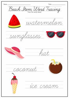 handwriting worksheet with different types of food and drinks on it, including watermelon