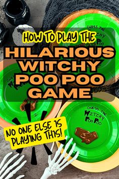 there is a green paper plate with halloween decorations on it and the words how to play the hilarious witch poop game