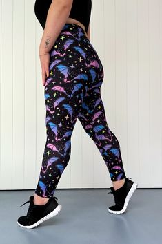 Going Batty Casual Long Full Length leggings features neon pink and purple bats on a black background. Made from our signature buttery soft fabric, it'll feel like wearing nothing. Range: CasualStyle: Full length LeggingsSize Recommendation: If between sizes, size up for more comfort or size down for a firmer fit.Theme: Halloween Australian/New Zealand sizes 6-30 Full leg length leggings style High waistband with 1 cm wide comfy elastic No rolling Made for comfort - no pants feeling! Quick drying Four-way super stretchy Opaque fabric All over print Crease proof - no ironing needed! A special soft to touch brushed fabric (cottony soft) Stretches 3-4 sizes with ease Polyester/spandex blend Check the range guide below for additional information. Model 1 wears: size S/M - Stats: 12/14 (AUS), H Leggings Style, Fleece Leggings, Theme Halloween, Plus Size Leggings, Comfy Fashion, Fleece Joggers, Halloween Prints, Capri Leggings, Pink And Purple