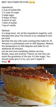 Butter Milk Pie, Southern Buttermilk Pie, Custard Recipe Easy, Milk Pie, Favorite Pie Recipes, Buttermilk Pie, Easy Pie Recipes, Butter Milk, Custard Recipes