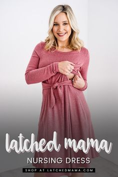 a woman in a pink dress with her arms crossed and the words matched mama nursing dress