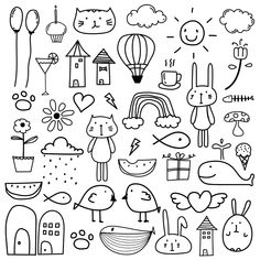 a black and white drawing of many different things