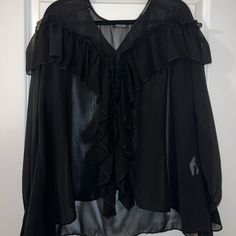 Unworn Black Sheer Ruffle Blouse From Nasty Gal Black Blouse With Ruffled Collar For Night Out, Black Tops With Ruffled Collar For Evening, Black Top With Ruffled Collar For Evening, Black Evening Top With Ruffled Collar, Ruffle Top, Ruffle Blouse, Size 12, Womens Tops, Women Shopping