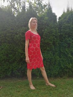 Dress has been crocheted from circles and sewn together. If You want different flavors, leaves or circles, another size or color - I can crochet. For me it takes about 4-5 weeks. 100 % cotton Size - S/M How to wash These dresses can be washed in the machine in the delicate washing mode. Drying in the open air, after drying, iron the iron with steam. Lining is not included Summer Crochet Lace Dresses For Garden Party, Elegant Crochet Summer Dress, Wedding Crochet Lace Dresses, Fitted Crochet Dress For Party, Fitted Crochet Lace Dress For Garden Party, Handmade Red Summer Dresses, Handmade Lace Crochet Dress, Elegant Handmade Fitted Dresses, Handmade Fitted Wedding Dresses