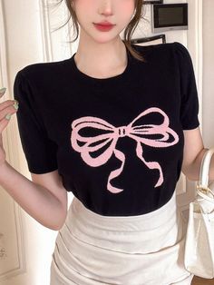 Women's Casual Short Sleeve Knitted Top With Bow Detail For Spring/Summer Black Casual  Short Sleeve Knitwear Graphic  Medium Stretch  Women Clothing, size features are:Bust: ,Length: ,Sleeve Length: Top With Bow, Estilo Hip Hop, Drop Shoulder Sweaters, Summer Black, Knitted Top, Affordable Clothes, Kids Sleepwear, Casual Everyday, Bow Detail