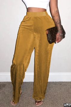 Fisdy - Contemporary High-Waisted Wide-Leg Bottoms with Patchwork Detailing Casual Yellow Bottoms For Party, Yellow Casual Party Bottoms, Casual Brown Party Bottoms, Casual Yellow Party Bottoms, Wholesale Fashion, Bottoms Pants, Casual Pants, Womens Bottoms, Elastic Waist