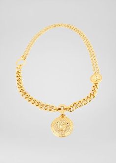 Medusa Medallion Necklace - gold Necklaces Luxury Metal Chain Necklace With Round Pendant, Luxury Pendant Chain Necklace With Logo Charm, Luxury Medallion Jewelry With Logo Charm, Gold-tone Necklace With Logo Charm, Gold-tone Round Necklace With Logo Charm, Luxury Metal Chain Necklace With Logo Charm, Luxury Chain Link Necklaces With Logo Charm, Metal Chain Link Necklace With Logo Charm, Gold-tone Metal Chain Necklace With Logo Charm