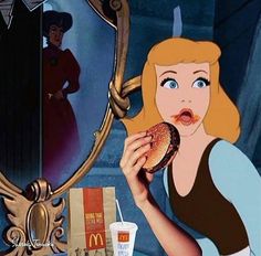 a cartoon character holding a hamburger in front of a mirror with a woman looking at it