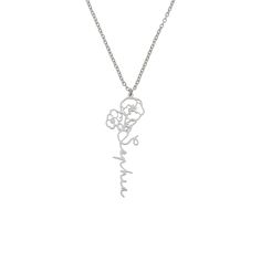 Beautiful. Thoughtful. Personalized. The Birth Flower Name Necklace is the perfect birthday, holiday, or 'just because I love you' gift. Necklaces are cast in 18K Gold, Rose Gold and Silver plated finishes made from 316L stainless steel. Chain Length: 16" with 2" Extender Personalized Elegant Flower Pendant Necklace, Elegant Adjustable Personalized Flower Necklace, Elegant Mother's Day Necklaces With Flower Decoration, Elegant Flower Decorated Necklaces For Mother's Day, Mother's Day Flower Necklace With Delicate Chain, Personalized Flower Necklace For Wedding, Personalized Elegant Flower Necklace For Mother's Day, Elegant Flower Necklace As Gift For Mom, Personalized Flower Jewelry For Bridesmaids