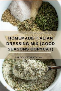 homemade italian dressing mix good season's copycath in a white bowl with spoon