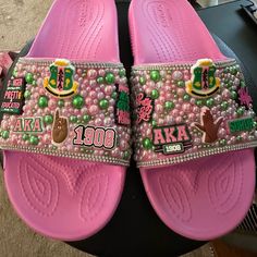 Handmade Size 9, Aka Croc Slides Ready To Ship Aka Crocs, Croc Fashion, Croc Designs, Croc Slides, Pearl Sneakers, Croc Decorations, Crocs Mary Jane, Crocs With Charms, Bling Crocs