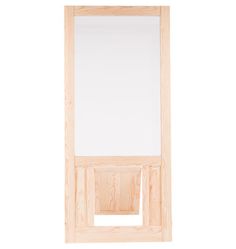 an unfinished wooden door with white glass on the top and bottom panel, against a white background