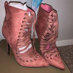 These Super Cute Pink Lace Up Booties Are Faux Suede And Never Worn! Originally Purchased From Dolls Kill A Few Years Ago Feel Free To Make An Offer :) Pink Pointed Toe Booties For Fall, Fall Lace-up Heels With Wrapped Heel, Pink Suede Heels With Pointed Toe, Pink Ankle Boot Heels For Fall, Pink Synthetic Heels For Fall, Suede Lace-up Heels With Wrapped Heel, Suede Ankle Boots With Wrapped Heel, Lace-up Suede Heels With Wrapped Heel, Pink Lace-up Heels With Reinforced Heel