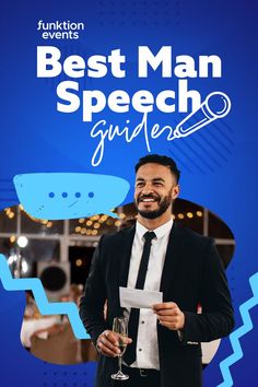 a man in a suit holding a glass of wine with the words best man speech guides