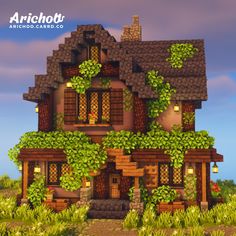 an old house with ivy growing on the roof and windows, in front of a cloudy sky