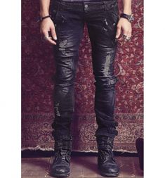 Strapped Double Jeans : Delicious Boutique Winter Grunge Distressed Bottoms, Black Washed Bottoms For Fall, Gothic Fitted Bottoms With Rivets, Fitted Gothic Bottoms With Rivets, Black Washed Pants For Fall, Fall Season Washed Black Pants, Punk Style Ripped Black Jeans, Black Ripped Punk Jeans, Black Washed Grunge Jeans