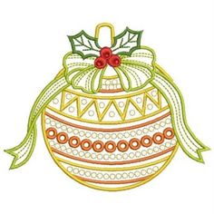 a christmas ornament with holly leaves on it's top and ribbon around the bottom