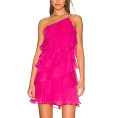 New With Tags Amanda Uprichard "Posie" Hot Pink Cerise Ruffle Mini Dress. Bright Pink In Color With Tiered Ruffles. Relaxed Body Silhouette, One Shoulder With Asymmetrical Back Strap. Hidden Back Zipper Closure. Size Xs - 16" Pit To Pit; 14" Waist; 23" Length From Pit. Msrp: $255 Brand: Amanda Uprichard Department: Womens Type: Dresses Style: Mini Size: Xs Color: Pink Material: 100% Polyester Condition: New Occasion: Party, Birthday, Event, Cocktail, Resortwear Measurements Provided, Otherwise P Pink Ruffle Mini Dress, Body Silhouette, Birthday Event, Cerise Pink, Amanda Uprichard, Dresses Style, Cute Prom Dresses, Ruffle Mini Dress, Pink Ruffle