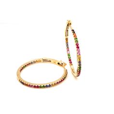 These hoop earrings are made of multi-colored sapphires 14-Karat Yellow Gold72 Multicolor Sapphires Fine Jewelry Multicolor Hoop, Fine Jewelry Multicolor Hoop Earrings, Multicolor Round Hoop Earrings, Multicolor Sapphire Multi-stone Jewelry, Multicolor Multi-stone Hoop Earrings, Couture Jewelry, Perfect Ring, Beautiful Jewelry, Multi Color