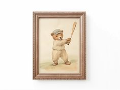 a painting of a teddy bear holding a baseball bat and wearing a hat is hanging on the wall