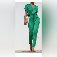 Jumpsuit Elegant Green Short Sleeve Jumpsuit, Chic Green Spring Jumpsuits And Rompers, Elegant Green Jumpsuits And Rompers For Beach, Elegant Green Beach Jumpsuits And Rompers, Green Jumpsuit, Green Color, Green Colors, Pant Jumpsuit, Full Service