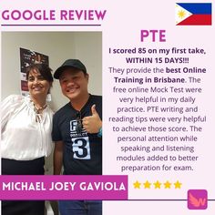 a man and woman standing next to each other in front of a sign that says google review pte