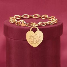 Ross-Simons - Monogram Italian 14kt Yellow Gold Heart Charm Bracelet. 8". Our classic 14kt yellow gold cable link bracelet with a heart charm is a lovely piece that dresses up any ensemble! Charm comes personalized with monogram in block or script. Made in Italy. Lobster clasp, 14kt yellow gold bracelet. Classic Heart Charm Bracelet For Wedding, Classic Gold Heart Bracelet, Classic Wedding Heart Charm Bracelet, Luxury Yellow Gold Heart Bracelet With Heart Charm, Classic Heart-shaped Bracelets For Valentine's Day, Luxury Yellow Gold Heart Bracelet With Charm, Elegant Wedding Charm Bracelet With Heart Charm, Luxury Yellow Gold Heart Charm Bracelet, Classic Heart Bracelets For Valentine's Day