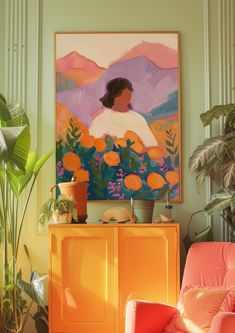 an orange chair in front of a painting and potted plants on a yellow cabinet