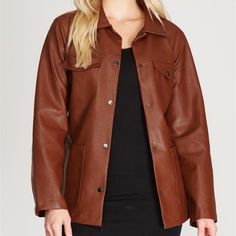 Brand New With Tags Faux Leather Jacket. Snap Front, Belt Sash, And Front Slip Pockets. Western Style Back Yolk, Longer Length. Chest 21" Flat. A Popular Stitch Fix Brand. Solid Leather Jacket With Snap Buttons For Fall, Casual Brown Outerwear With Faux Front Pockets, Brown Long Sleeve Outerwear With Faux Front Pockets, Brown Outerwear With Faux Front Pockets, Long Sleeve Outerwear With Faux Front Pockets For Fall, Brown Button-up Leather Jacket For Fall, Winter Button-up Outerwear With Faux Front Pockets, Button-up Winter Outerwear With Faux Front Pockets, Brown Winter Utility Jacket With Snap Buttons