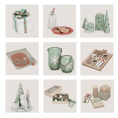 various christmas items are arranged in the shape of squares and rectangles with bows