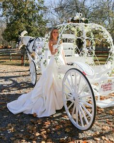 a woman in a wedding dress standing next to a horse drawn carriage