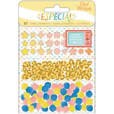 an assortment of gold and blue confetti stickers with stars, dots and circles