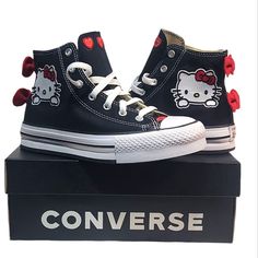 Converse Women's Chuck Taylor All Star High Top Custom Made Hello Kitty Sneakers *Custom Made To Order. *Available In Most All Sizes *With Red Hearts And Handmade Classic Hello Kitty Bows In Red. *Brand New In Box. Runs Half Size Large. Canvas Upper Is Lightweight And Durable. Iconic Chuck Taylor Ankle Patch. Smartfoam Sockliner For Comfortable All-Day Play. Medial Eyelets Enhance Airflow. Double-Decker Platform Foam/Rubber Outsole Please Specify The Size You Are Ordering, And A Custom Pair Will Cute Black Lace-up Sneakers, Cute Black Low-top Sneakers, Black Cute Low-top Sneakers, Hello Kitty Sneakers, Classic Hello Kitty, Παπούτσια Nike Free, Cute Converse Shoes, Mode Converse, Cute Converse