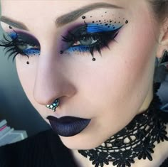 .... Black Parade Makeup, Blue Witch Makeup, Blue Goth Makeup, Black And Blue Goth Makeup, Gothic Drag Makeup, Goth Blue Eyeshadow, Dark Purple Goth Makeup, Purple Goth Eye Makeup, Makeup Drawing