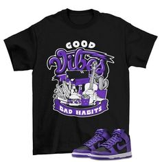 Vibes Dunk High Psychic Purple Sneaker Matching Tee Shirt  The unisex heavy cotton tee is the basic staple of any wardrobe. It is the foundation upon which casual fashion grows. All it needs is a personalized design to elevate things to profitability. The specially spun fibers provide a smooth surface for premium printing vividity and sharpness. No side seams mean there are no itchy interruptions under the arms. The shoulders have tape for improved durability. .: 100% cotton (fiber content may vary for different colors) .: Medium fabric (5.3 oz/yd² (180 g/m .: Classic fit .: Tear-away label .: Runs true to size Our custom designs are printed on Gildan t-shirts/sweatshirts. This is a custom item. We do not start production on this item until you make your purchase. *Please message us before Urban Purple Cotton T-shirt, Urban Style Purple Cotton T-shirt, Casual Purple T-shirt For Streetwear, Purple Relaxed Fit T-shirt For Streetwear, Purple Casual T-shirt For Streetwear, Purple Cotton Hip Hop Tops, Casual Purple Shirt For Streetwear, Purple Graphic T-shirt For Streetwear, Purple Graphic Design T-shirt For Streetwear