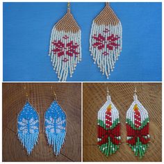 beaded earrings with red, white and blue flowers on them are shown in three different pictures