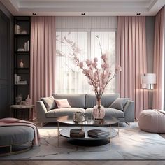 a living room filled with furniture and pink curtains