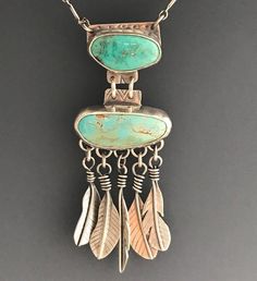 Turquoise & Silver Feather Necklace (FTN1) Turquoise Bohemian Jewelry With Feathers, Bohemian Turquoise Jewelry With Feathers, Silver Feather Necklace, Redwood City, Feather Necklace, Royston Turquoise, Silver Feather, Feather Necklaces, My Heritage