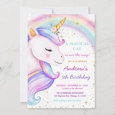 a unicorn birthday party card with the text,'a magic day is on the way '