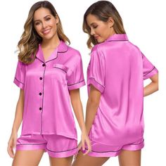 95% Polyester, 5% Spandex Made In The Usa Or Imported Button Closure Hand Wash Only Materials: Silk Satin Material,Material Soft And Breathable. Features: Standard Us Size And Fashion Design: Two-Piece Comfort Sleepwear Pajama Set Featuring Short Sleeve Button Down Dress Shirt Collar,Button-Front Shirt Hits At Hip,Pocket With Notch Collar, Which Is Classic.Drawstring Elastic Waist Pants,More Comfortable Occasion:Women's Short Sleeve Silk Satin Pajamas Set, Which Is Suitable For Daily Wearing And Pink Sleepwear With Button Closure, Button-up Sleepwear For Pajama Party, Pink Sleepwear With Button Closure For Loungewear, Pink Button-up Sleepwear For Pajama Party, Fitted Pink Sleepwear For Relaxation, Short Sleeve Sleepwear With Buttons, Pink Button-up Sleepwear For Loungewear, Pink Fitted Sleepwear For Relaxation, Casual Sleep Sets With Buttons