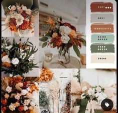 a collage of flowers and greenery in shades of orange, green, brown, and white