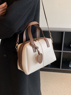 Minimalist Double Handle Boston Bag Beige Elegant   PU Leather Colorblock,Plain Square Bag   Women Bags, size features are:Bust: ,Length: ,Sleeve Length: Medium Satchel Handbags, Beige Handbag, Side Bags For Women, Cream Purse, Minimalist Bag, Side Bags, Boston Bag, Cute Bags, Girls Bags