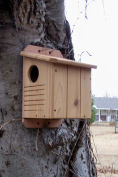 a wooden bird house attached to a tree