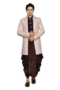 Pink sherwani featuring chevron pattern. Paired with a solid sleeveless wine inner kurta and a coordinating dhoti. - Aza Fashions Festive Reception Sherwani With Self Design, Festival Reception Sherwani With Self Design, Wedding Sherwani With Naqshi For Navratri, Navratri Designer Sherwani With Naqshi Detailing, Navratri Designer Sherwani With Naqshi, Naqshi Sherwani For Wedding And Navratri, Naqshi Sherwani For Wedding During Navratri, Ceremonial Sherwani With Traditional Drape And Self Design, Ceremonial Sherwani With Self Design