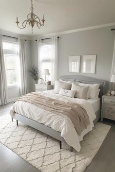 a large bed sitting in a bedroom on top of a hard wood floor next to two windows